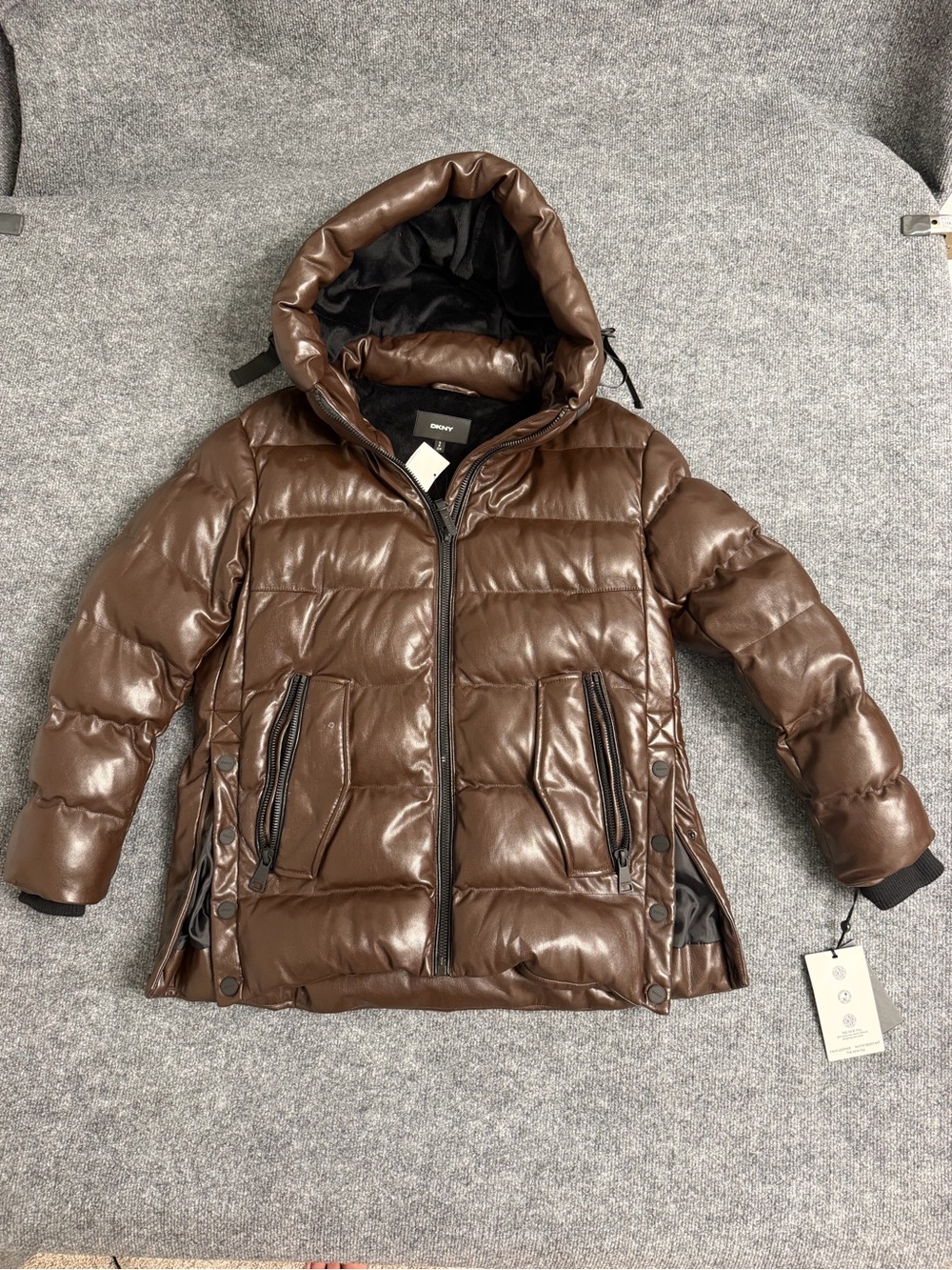 DKNY Brown Shiny Puffer Hooded Jacket